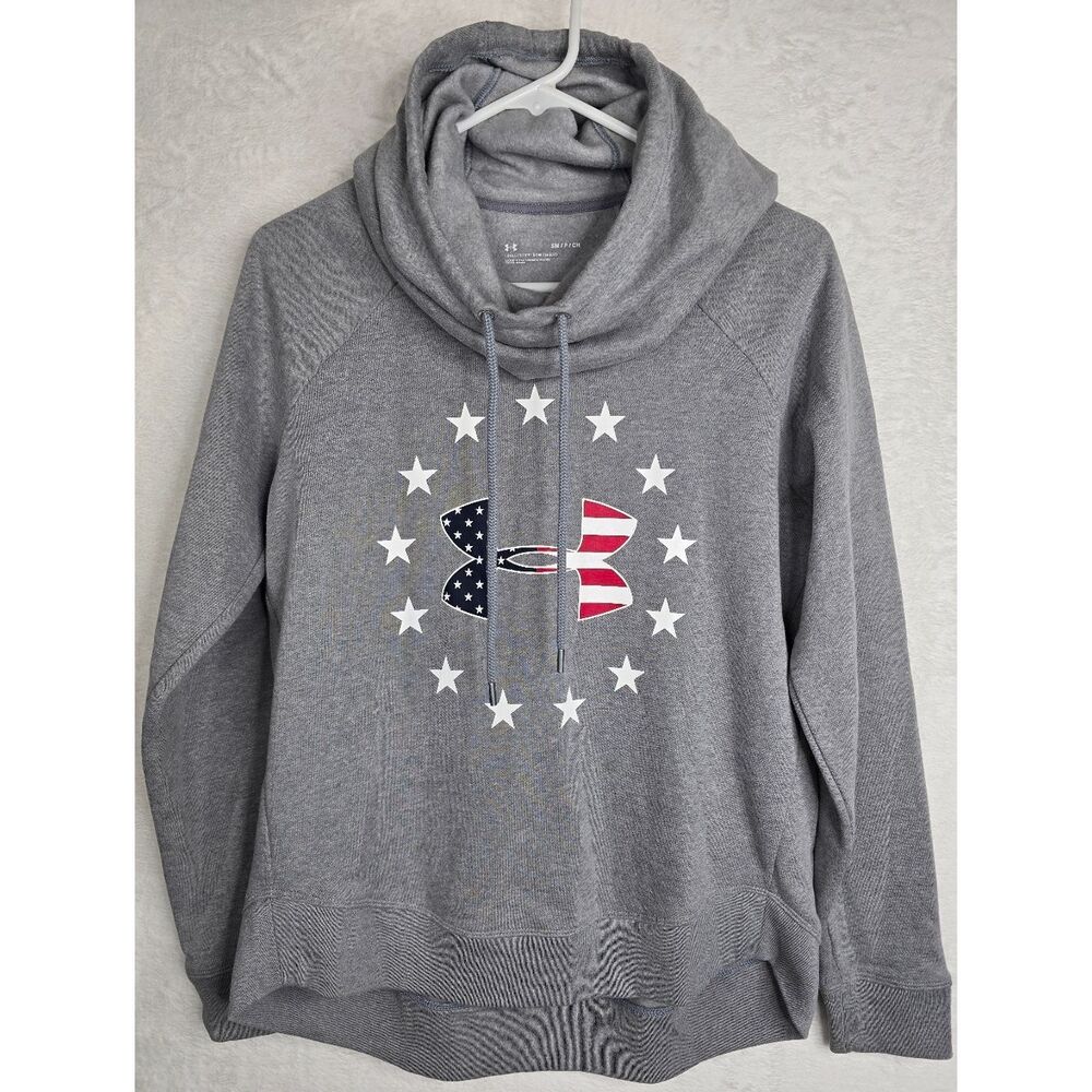 Under Armour Womens Small Gray USA Flag Hoodie Red White Blue Stars Logo NWT